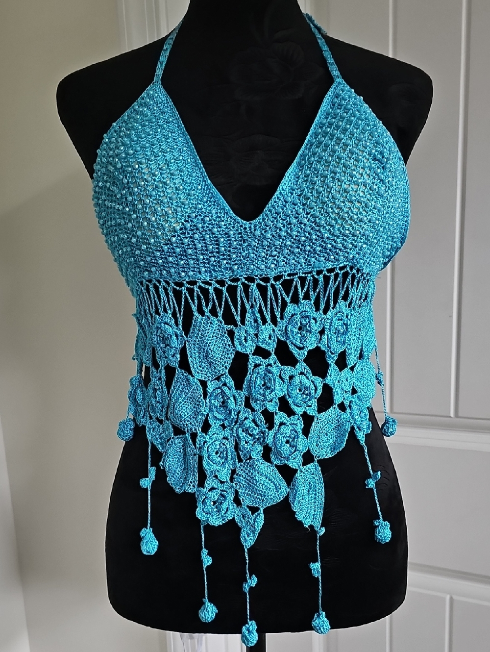 BOHO OHS Crochet Halter Top in Bright Turquoise With Pearl Sequin Bosom, Medium